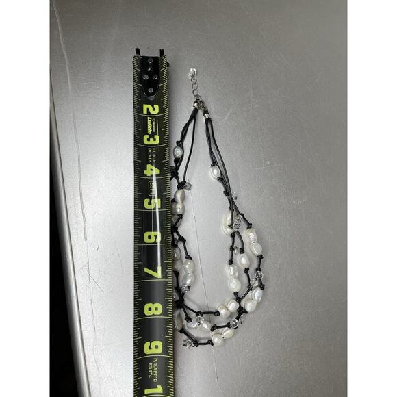 White Pearls & Leather Necklace Freshwater Pearl Multi Strand Adjustable - Picture 4 of 4